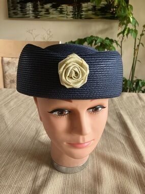 Classic Navy Straw Pillbox Hat with Gold Cream Rose Accent